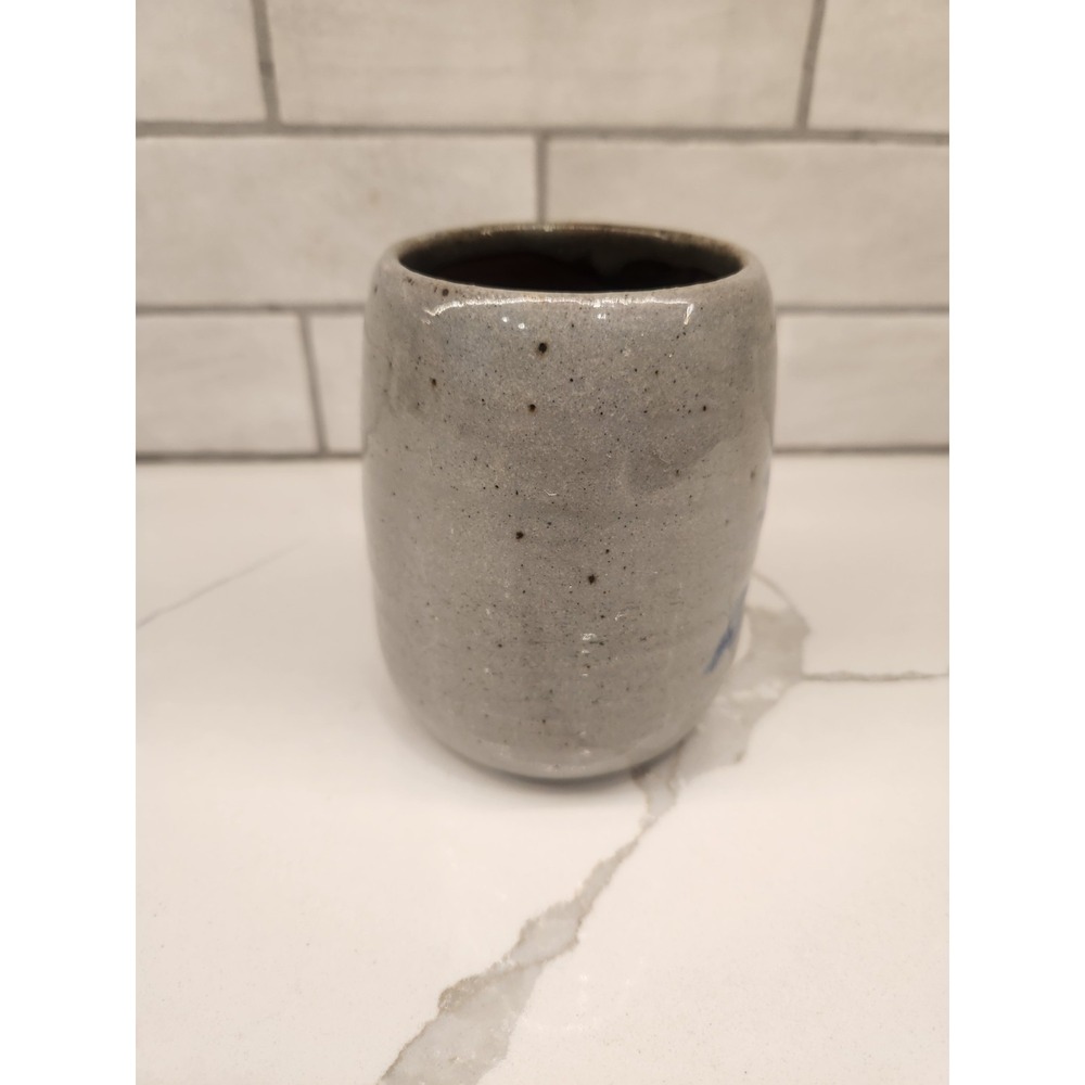 Vintage Studio Art Pottery Salt Glazed Coffee Tea Mug With Blue Flower Signed - Picture 2 of 10